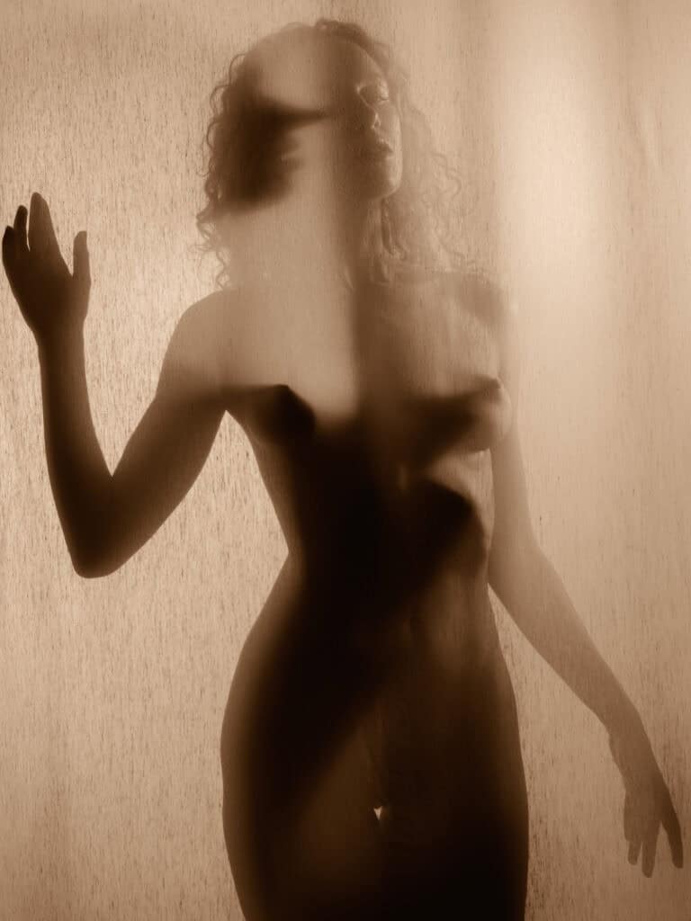 Silhouette féminine artistique, photo studio, nue, ambiance mystérieuse, éclairage doux, art photographique.