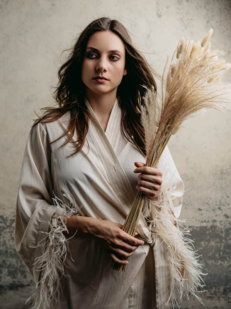 Femme élégante tenant un bouquet de pampas dans un studio photo.