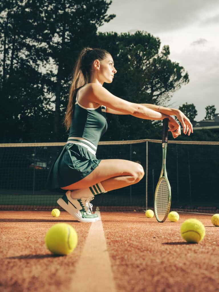Jeune femme sur un court de tennis avec raquette et balles de tennis.